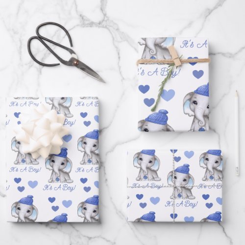 Cute Elephant Blue Winter Baby Boy Shower Wrapping Paper Sheets