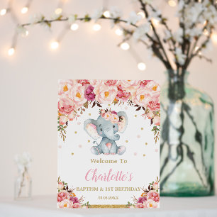 Cute Elephant Blush Floral 1st Birthday Welcome Foam Board