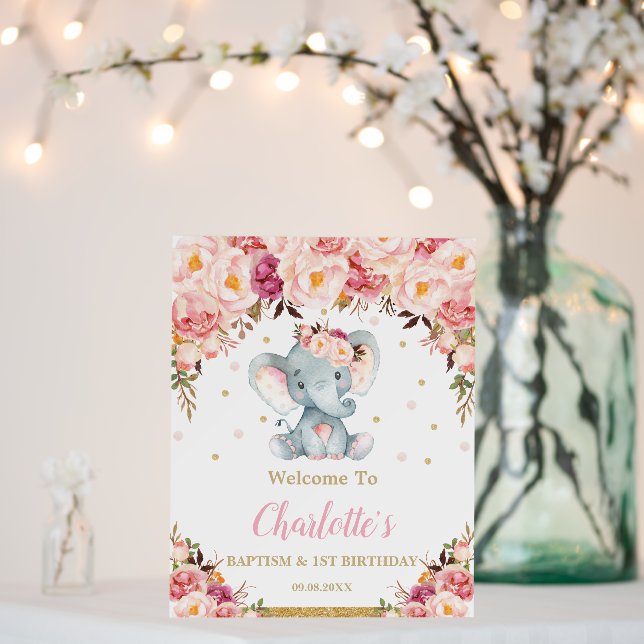 Cute Elephant Blush Floral 1st Birthday Welcome Foam Board (In Situ (Wedding))