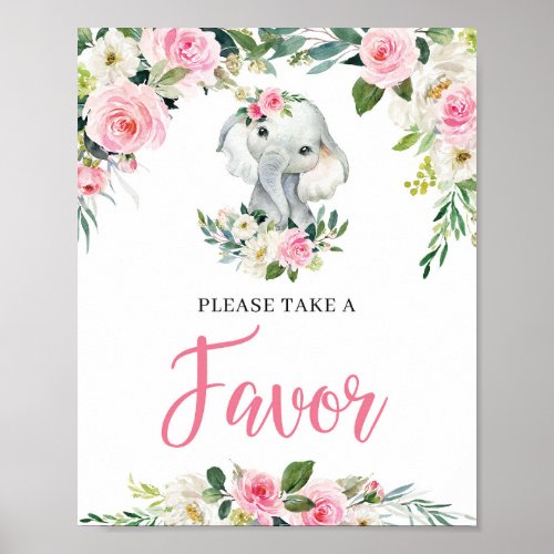 Cute Elephant BLush Floral Baby Shower Favors Sign