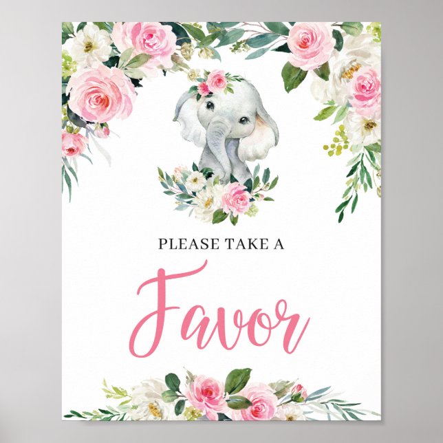 Cute Elephant BLush Floral Baby Shower Favors Sign (Front)