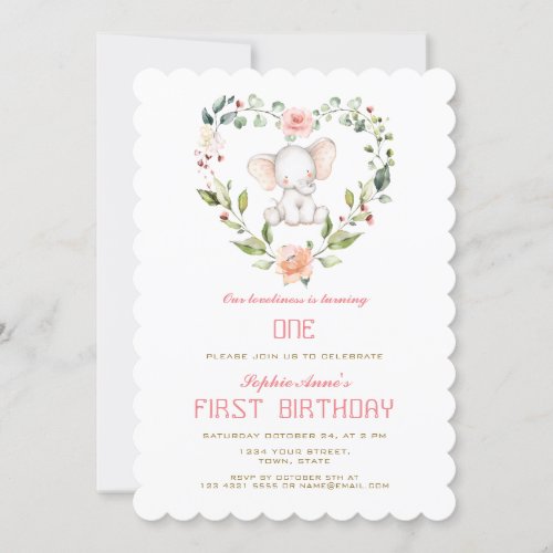 Cute Elephant Blush Floral Heart Girl 1st Birthday Invitation