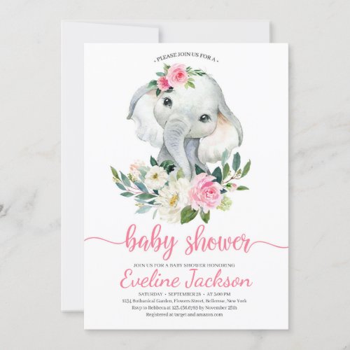 Cute Elephant Blush Pink Floral Baby Shower Invite