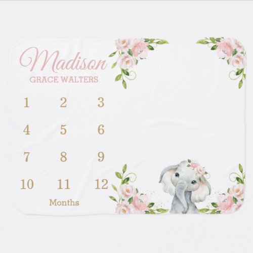 Cute Elephant Blush Pink Floral Monthly Milestone Baby Blanket