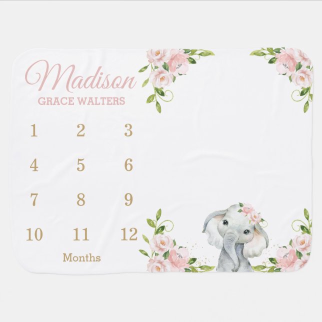 Cute Elephant Blush Pink Floral Monthly Milestone Baby Blanket (Horizontal)