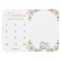 Cute Elephant Blush Pink Floral Monthly Milestone Baby Blanket Cute Elephant Blush Pink Floral Monthly Milestone Baby Blanket