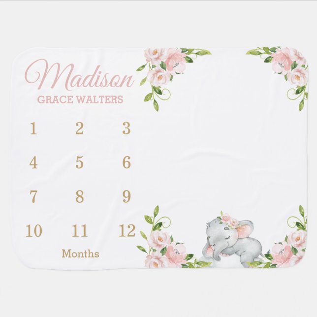 Cute Elephant Blush Pink Floral Monthly Milestone Baby Blanket (Horizontal)