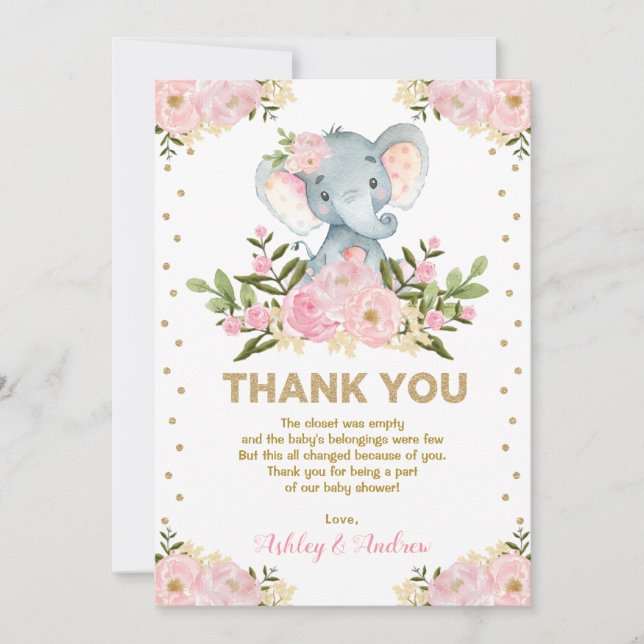 Cute Elephant Blush Pink Gold Floral Baby Shower Thank You Card (Front)
