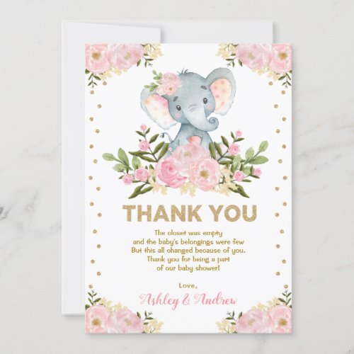 Cute Elephant Blush Pink Gold Floral Baby Shower Thank You Card