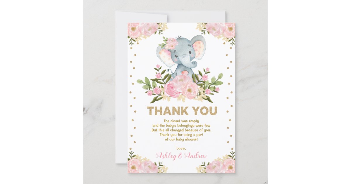 Cute Elephant Blush Pink Gold Floral Baby Shower Thank You Card