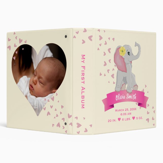 Cute Elephant Blush Pink Hearts My First Album 3 Ring Binder (Background)
