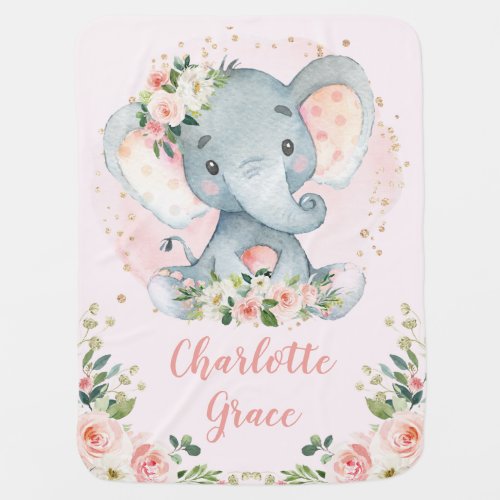 Cute Elephant Blush Pink Watercolor Floral Nursery Baby Blanket