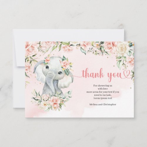Cute elephant blush roses eucalyptus gold sparkles thank you card
