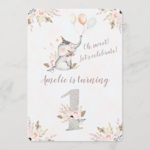 Cute Elephant Boho Floral First Birthday Invite