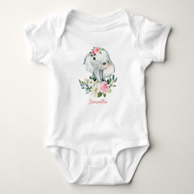 Cute elephant boho floral greenery girl gift baby bodysuit (Front)