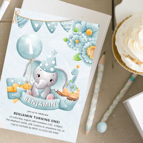 Cute Elephant Boy 1st Birthday Party Invitation