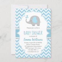 Cute Elephant Boy Baby Shower Blue Gray Chevron Invitation