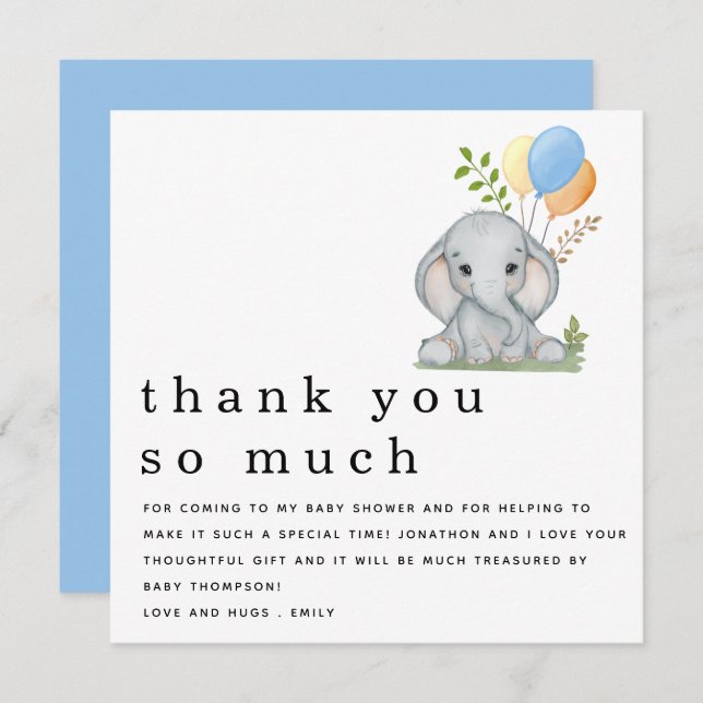 Cute Elephant Boy Baby Shower Blue Thank You Note Card (Front/Back)