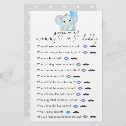 Cute Elephant Boy Baby Shower Guess Who Game