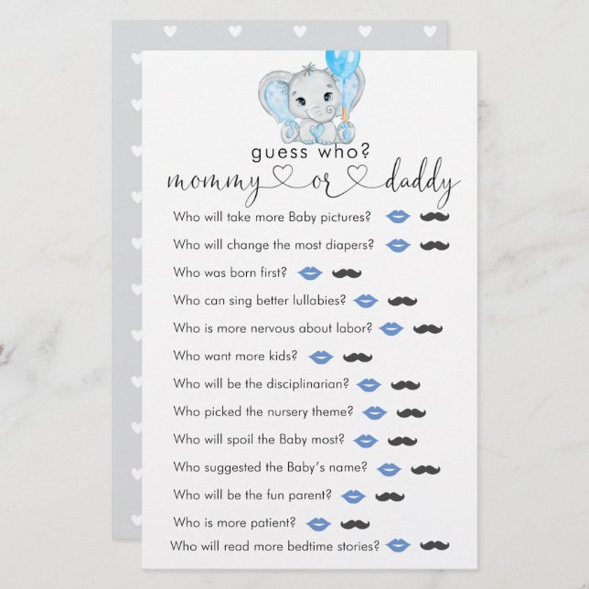 Cute Elephant Boy Baby Shower "Guess Who" Game (Front/Back)