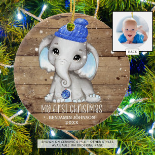 Cute Elephant Boy Baby's FIRST CHRISTMAS Photo Ceramic Ornament