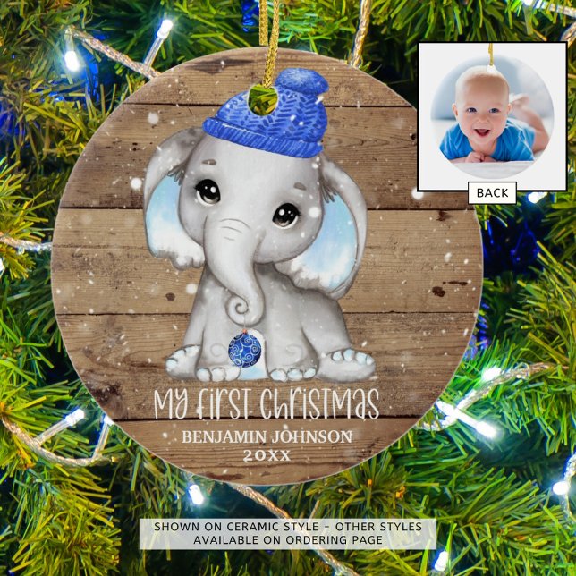 Cute Elephant Boy Baby's FIRST CHRISTMAS Photo Ceramic Ornament (Creator Uploaded)