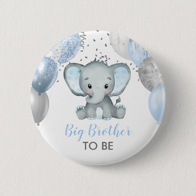 Cute Elephant Boy Balloons Baby Shower Brother Button (Front)