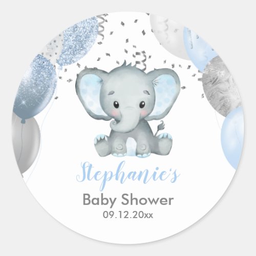 Cute Elephant Boy Balloons Baby Shower Classic Round Sticker