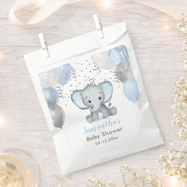 Cute Elephant Boy Balloons Baby Shower Favor Bag (Clipped)