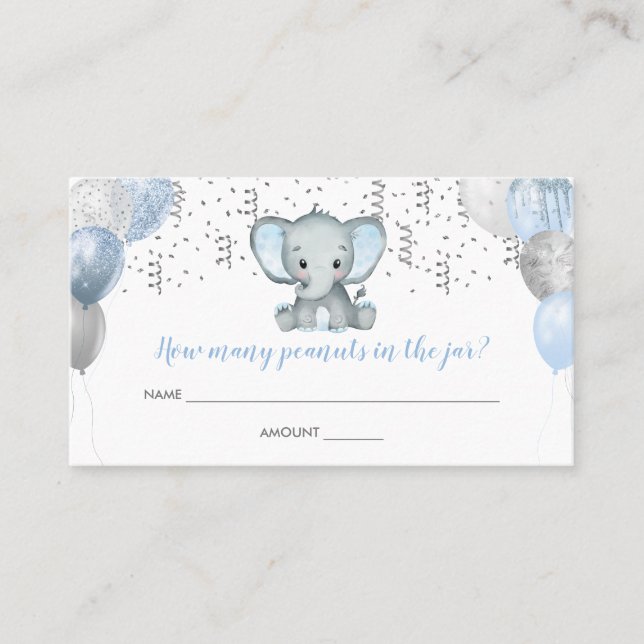Cute Elephant Boy Balloons Baby Shower Guess Card (Front)