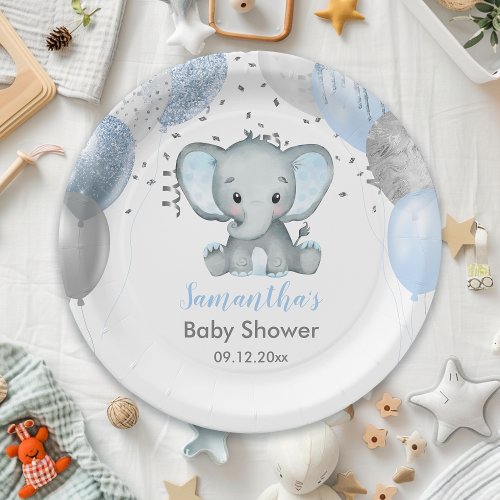Cute Elephant Boy Balloons Baby Shower Paper Plates