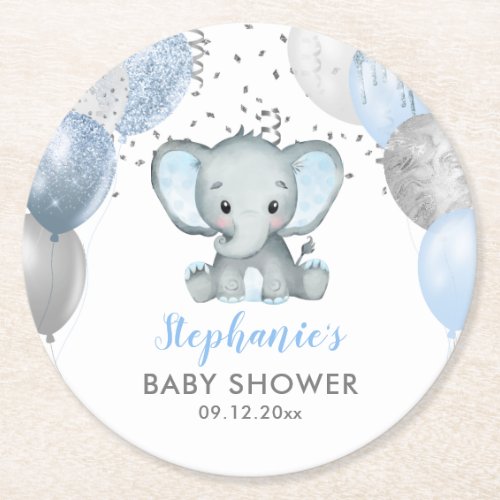 Cute Elephant Boy Balloons Baby Shower Round Paper Coaster