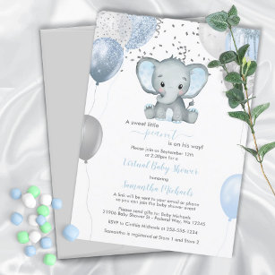 Cute Elephant Boy Balloons Virtual Baby Shower Invitation