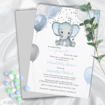 Cute Elephant Boy Balloons Virtual Baby Shower Invitation by CelestialTidings at Zazzle