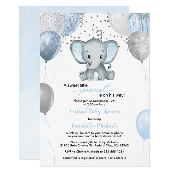 Cute Elephant Boy Balloons Virtual Baby Shower Invitation