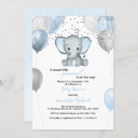 Cute Elephant Boy Balloons Watercolor Baby Shower Invitation