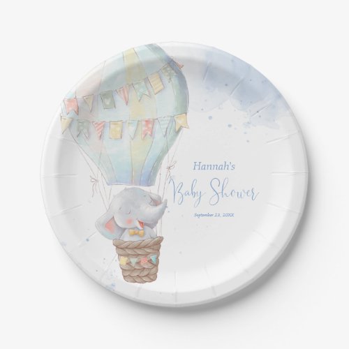 Cute Elephant Boy Blue Baby Shower Paper Plate