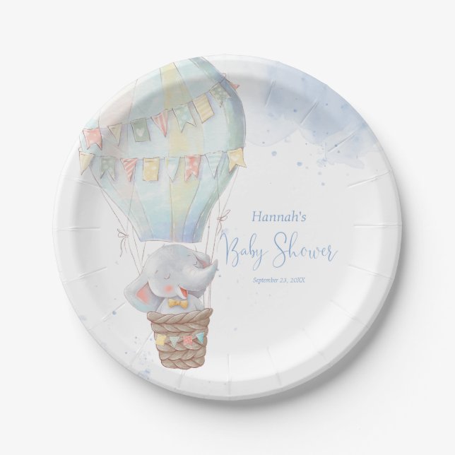 Cute Elephant Boy Blue Baby Shower Paper Plate (Front)