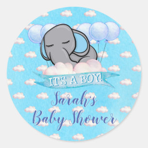 Cute Elephant Boy Blue Baby Shower Watercolor Classic Round Sticker
