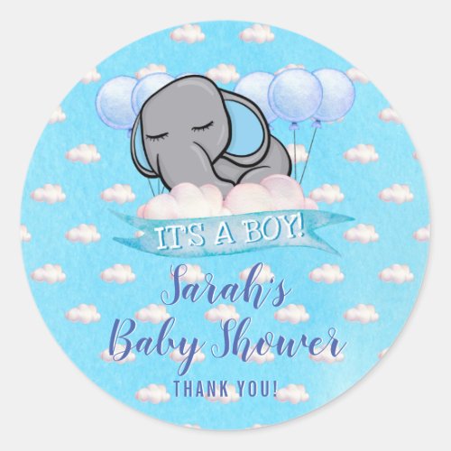 Cute Elephant Boy Blue Baby Shower Watercolor Classic Round Sticker