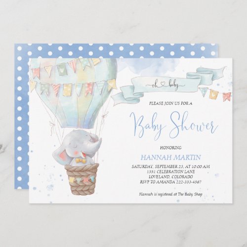 Cute Elephant Boy Blue Hot Air Balloon Baby Shower Invitation