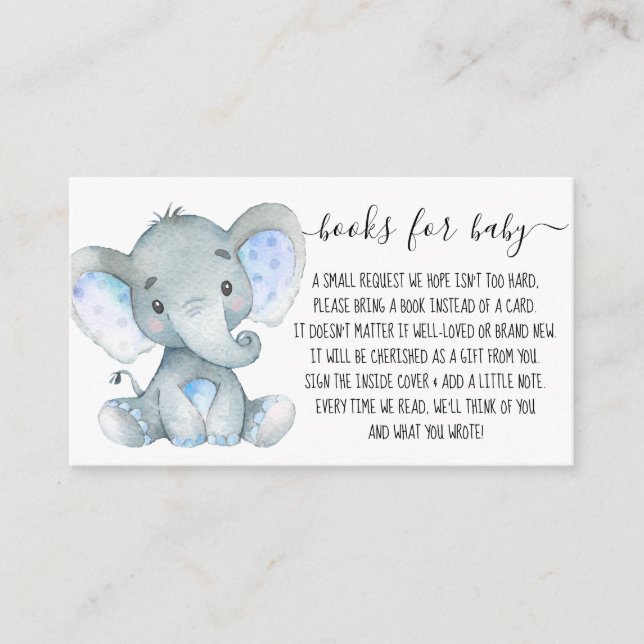 Cute Elephant Boy Book Request for Baby Shower Enclosure Card (Front)