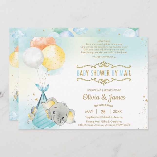 Cute Elephant Boy Virtual Baby Shower by Mail Invitation (Front/Back)