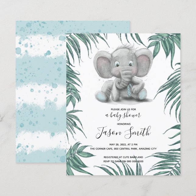 Cute elephant boy with leaves for boy baby shower (Front/Back)