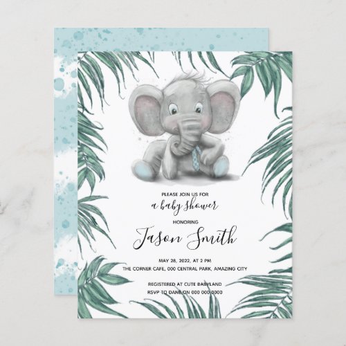 Cute elephant boy with leaves for boy baby shower