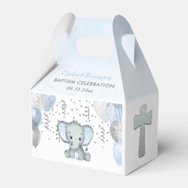 Cute Elephant Boys Balloon Baptism Favor Box (Front Side)