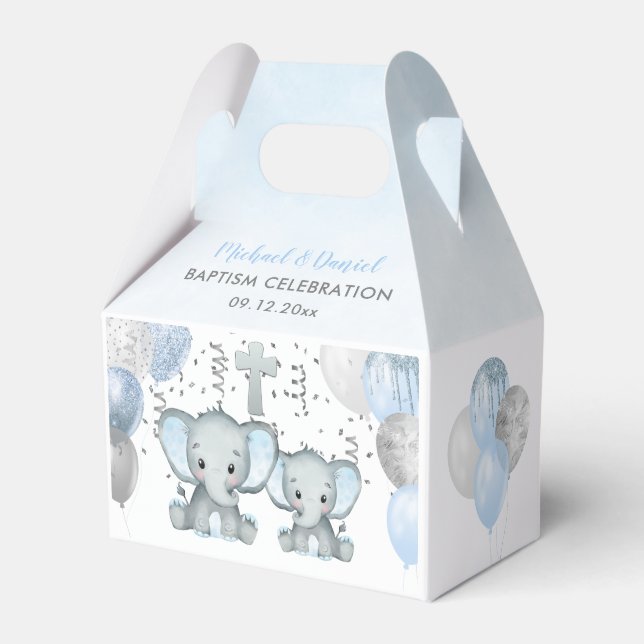 Cute Elephant Boys Balloon Baptism Favor Boxes (Front Side)