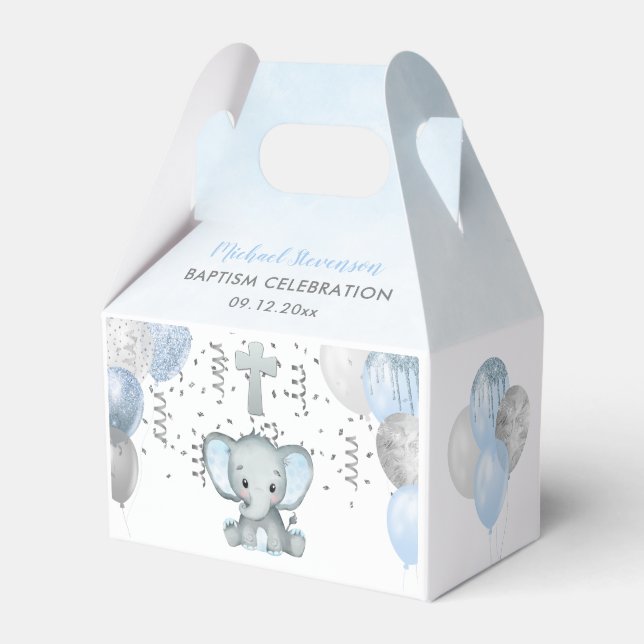 Cute Elephant Boys Balloon Baptism Favor Boxes (Front Side)
