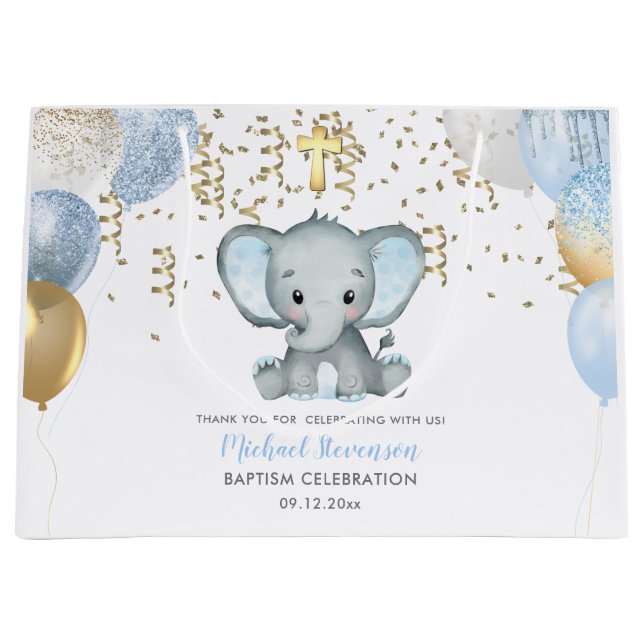 Cute Elephant Boys Balloon Baptism Large Gift Bag (Front)