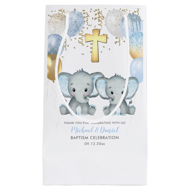 Cute Elephant Boys Balloon Baptism Small Gift Bag (Front)